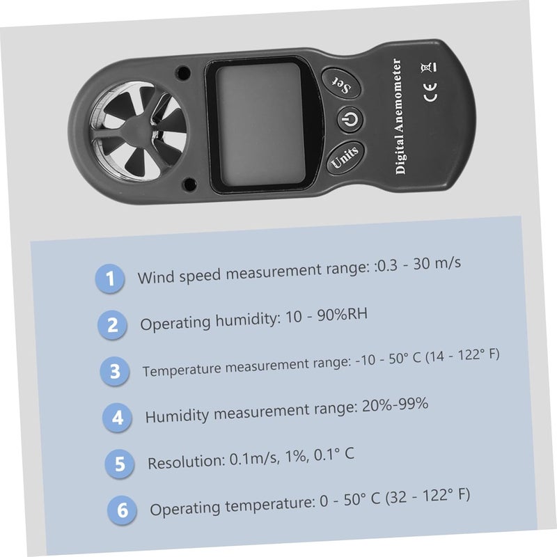 مقياس الرياح الرقمي المحمول الصغير مع شاشة LCD مضاءة لقياس سرعة الرياح ودرجة الحرارة والرطوبة، محمول - Image 2